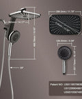High Pressure Rain Shower Head With Magnetic Detachable Handheld Combo, Fixed Showerhead And 10 Sprays, dimensions shown