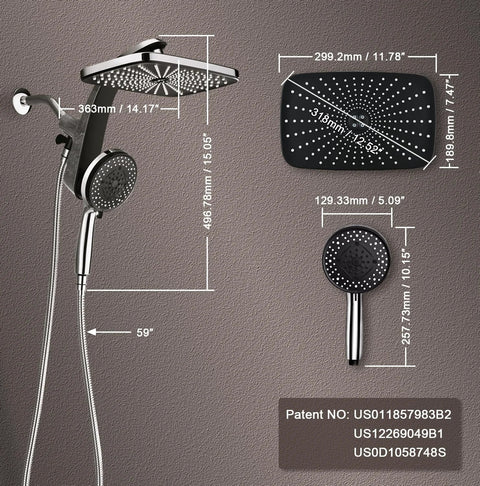 High Pressure Rain Shower Head With Magnetic Detachable Handheld Combo, Fixed Showerhead And 10 Sprays, dimensions shown