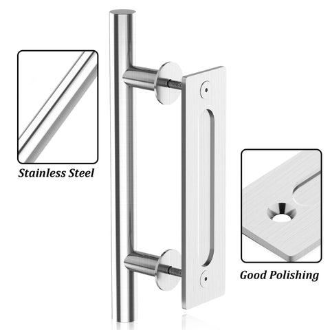 12 Inch Sliding Barn Door Handles Pair In Stainless Steel, Heavy Duty Two-Side Door Pulls With Finger Pull shown close up