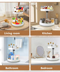 Two Tier Lazy Susan Turntable Spice Rack with Rotating Organizer and Adjustable Height in white, used in living room, kitchen, bathroom, and bedroom