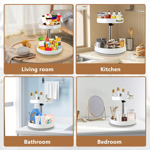Two Tier Lazy Susan Turntable Spice Rack with Rotating Organizer and Adjustable Height in white, used in living room, kitchen, bathroom, and bedroom