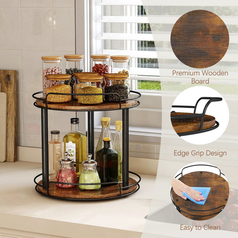 12.2 Inch Wood Lazy Susan Turntable Organizer With Two Tiers For Cabinet Kitchen Countertop Pantry And Bathroom Storage
