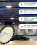 Ultra Bright LED Warehouse High Bay Light 300W UFO Shop Light 45000 Lumens installed in warehouse ceiling with specs overlayed