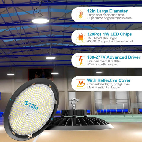 Ultra Bright LED Warehouse High Bay Light 300W UFO Shop Light 45000 Lumens installed in warehouse ceiling with specs overlayed