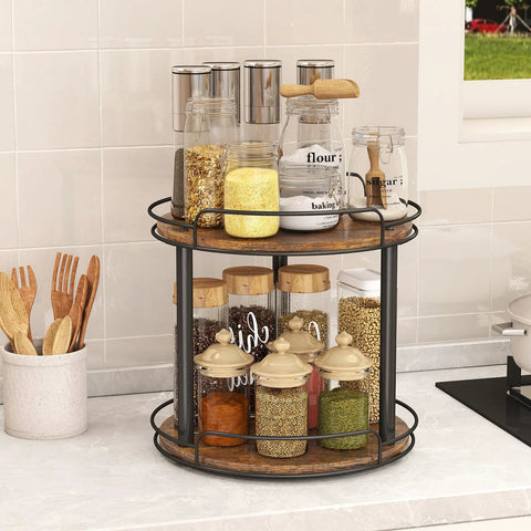 12.2 Inch Wood Lazy Susan Turntable Organizer With Two Tiers For Cabinet Kitchen Countertop Pantry And Bathroom Storage Space Saving Spice Rack For Tabletop And Shelves shown on a kitchen countertop