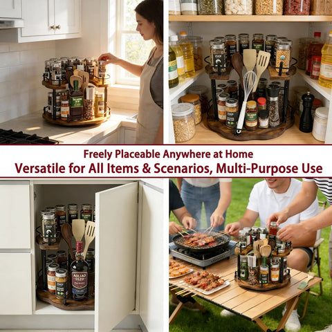 12 Inch Wood Lazy Susan Organizer for Cabinet With Double Layer Rotating Design and Plum Blossom Shape; kitchen use scenarios.