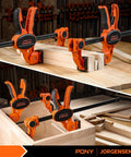 Heavy Duty Woodworking Bar Clamps 12 Inch One Handed Quick Grip Clamp Set Two Pack With 300 Lb Load Limit Indicator And Spreader Function EZ Hold F Style Clamps Jorgensen For Woodworking Projects And Cabinet Making used in shop.