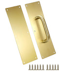 12 Inch Stainless Steel Door Handle Pull And Push Plate Set Heavy Duty Gold Brushed Finish, includes screws, suitable for home or office use.