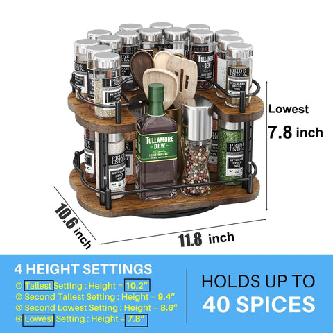12 Inch D Shaped Lazy Susan Spice Rack Organizer with Height Adjustable Two Tier Wood Turntable, Holds 40 Spices