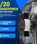 Close-up of the motor of Beefy 12 Inch Wall Mounted Shutter Exhaust Fan With Automatic Shutter Built In Thermostat And Variable Speed Controller 960 CFM 0.6A Covers Up To 1400 Sq Ft Heavy Duty Silver Ventilation For Garage And Shop