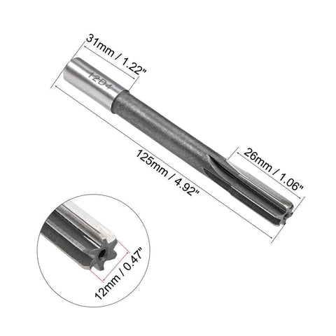 12mm HSS Chucking Reamer for Lathe Machining, 6 straight flutes, round shank, 4.92 inch overall length, metal drill bit dimensions shown