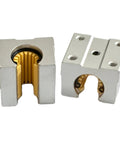 12mm Linear Bearing Block Set For SBR12 Rail, Pro Grade 2 Pack Open Slide Blocks, aluminum and plastic construction, close-up view