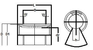 Technical diagram of ✝️ KB12-OP NB Open Bearing 12mm Ball Bushings Linear Motion Bearing, showing dimensions and inner components.