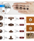 Diagram showing 120 Set Snap Fasteners Kit For Leather 12mm Metal Button Snaps Press Studs with size details on hand and assembly guide.