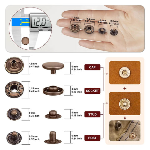 Diagram showing 120 Set Snap Fasteners Kit For Leather 12mm Metal Button Snaps Press Studs with size details on hand and assembly guide.