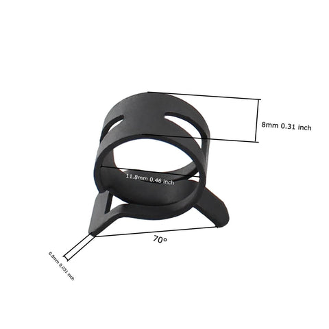 Close-up of a 12mm spring band clamp made of durable 65Mn steel, showing dimensions, smooth interior, 8mm wide.