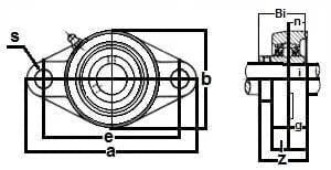 Technical diagram of 12mm Bearing UCFL201 2-Bolts Flanged Cast Housing Mounted Bearing with side and top views, labeled measurements