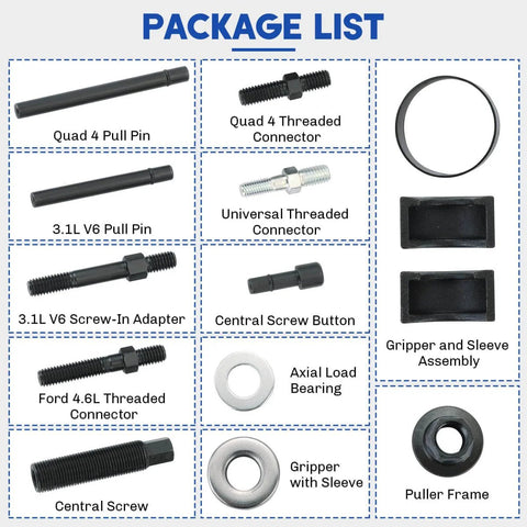 Power Steering Pulley Puller And Installer Kit 12 Piece All In One Universal Tool Set with various connectors and screws.