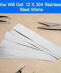 12 Piece 304 Stainless Steel Shim Stock Set With 1 Inch Wide By 6 Inch Long Shims In Thicknesses 0.001 0.0015 0.002 0.003 0.004 0.005 Inch For Precise Fits Easy Machining And Rust Resistant Gasket Or Fabrication Projects displayed on a wooden surface with tools.