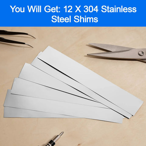 12 Piece 304 Stainless Steel Shim Stock Set With 1 Inch Wide By 6 Inch Long Shims In Thicknesses 0.001 0.0015 0.002 0.003 0.004 0.005 Inch For Precise Fits Easy Machining And Rust Resistant Gasket Or Fabrication Projects displayed on a wooden surface with tools.
