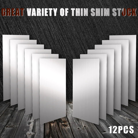 12 Piece Stainless Steel Shim Stock Kit, 2.5 x 6 Inch, for leveling and spacing, various thicknesses, automotive and DIY projects.
