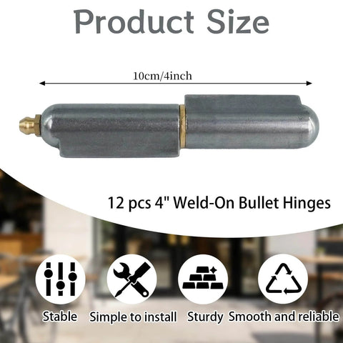 12 Pcs 4 Inch BBQ Smoker Bullet Weld On Bullet Hinges, heavy duty carbon steel, product size shown, for gates and trailers.