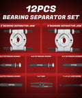12pcs Bearing Separator Set with 2'' and 3'' Bearing Separator Jaws, extension screws, yoke, and lead screw displayed on red background.