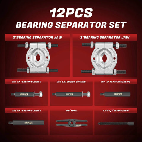12pcs Bearing Separator Set with 2'' and 3'' Bearing Separator Jaws, extension screws, yoke, and lead screw displayed on red background.