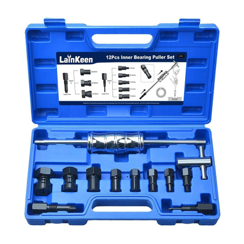 12pcs Blind Hole Collet Bearing Puller Set in blue carrying case with expandable collets 8-32MM, internal bearing extractor tools displayed.