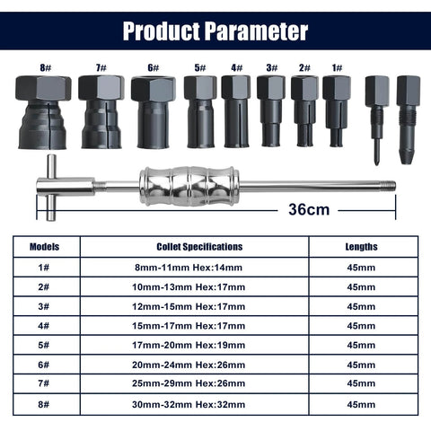 12pcs Blind Hole Collet Bearing Puller Set, Internal Bearing Extractor Puller Kit with expandable collets and specifications chart