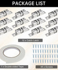 Package contents of 12Pcs Double Ball Tension Roller Cabinet Catch Latch Set 70mm Solid Brass Hardware with screws and tape