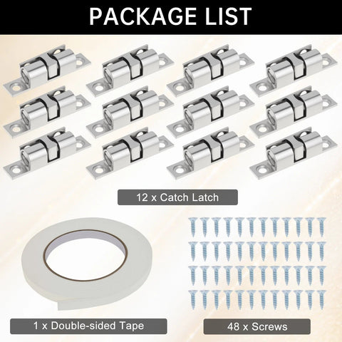 Package contents of 12Pcs Double Ball Tension Roller Cabinet Catch Latch Set 70mm Solid Brass Hardware with screws and tape