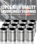 12Pcs LM8UU Linear Ball Bearings: 8mm Bore, 15mm OD, 24mm Length, Double Rubber Seals displayed in packaging for CNC and 3D printer use