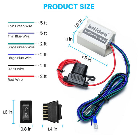 Product dimensions of Versatile 12 Volt 10A Linear Actuator Switch Kit with wires and connectors for auto accessories.