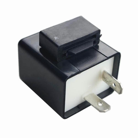12V 2-Pin CF-12 LED Flasher Relay, black module with metal prongs, for turn signals, motorcycles, scooters, adjustable switch current