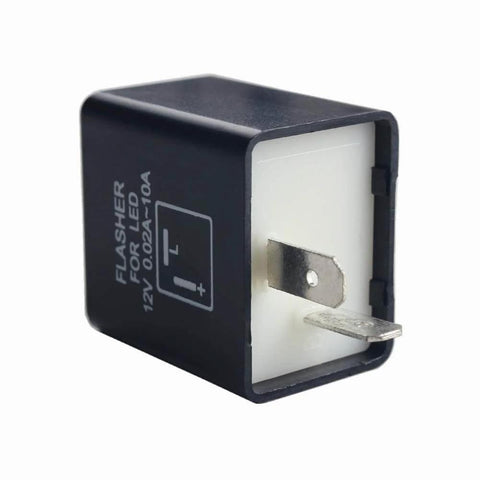 Side view of a black 12V 2-Pin CF-12 LED Flasher Relay for Turn Signals, Hyper Flash Fix for Motorcycles and Scooters, Eliminate Load Resistors