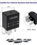 Four Pack 30A 5Pin 12V Starter Relays Waterproof Heavy Duty Auto Relays For Universal Car Accessories Engine Electrical Replacement Parts And Plug And Play Wiring For Easy Install, showing dimensions and pins.