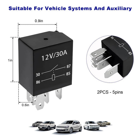 Four Pack 30A 5Pin 12V Starter Relays Waterproof Heavy Duty Auto Relays For Universal Car Accessories Engine Electrical Replacement Parts And Plug And Play Wiring For Easy Install, showing dimensions and pins.