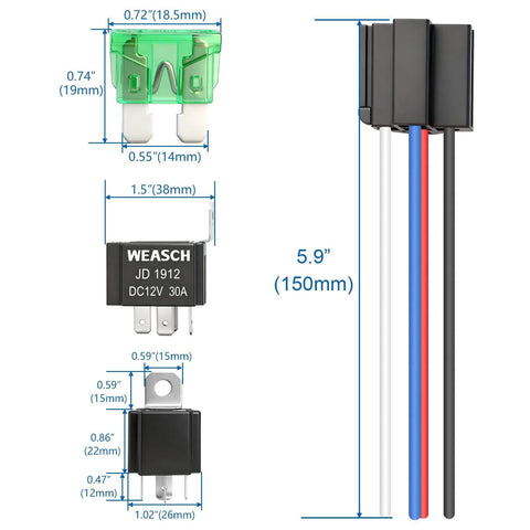 12V 30A Fuse Relay Switch Kit With 4 Pin SPST Relay And Built In 30A Blade Fuse, Beefed Up 14 AWG Wires, dimensions shown
