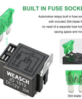 12V 30A Fuse Relay Switch Kit With 4 Pin SPST Relay And Built In 30A Blade Fuse, black relay and green blade fuse image