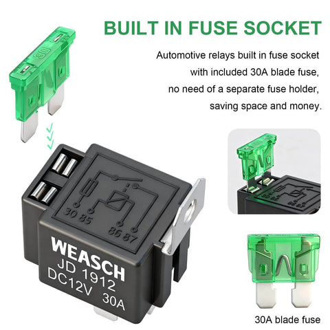 12V 30A Fuse Relay Switch Kit With 4 Pin SPST Relay And Built In 30A Blade Fuse, black relay and green blade fuse image