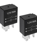 Two black 12V/30A 5-pin relays from Four Pack 30A 5Pin 12V Starter Relays Waterproof Heavy Duty Auto Relays For Universal Car Accessories Engine Electrical Replacement Parts And Plug And Play Wiring For Easy Install.