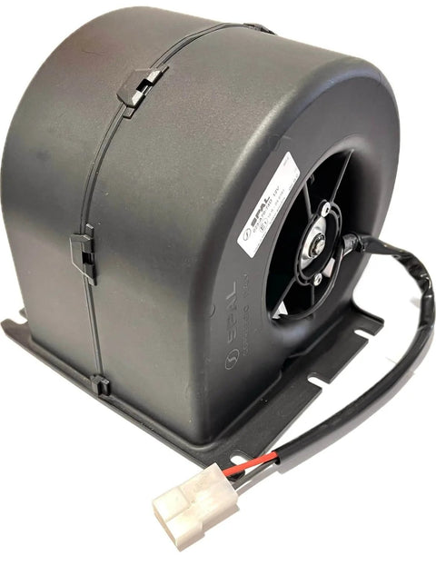 High Performance 335 CFM Single Wheel Centrifugal Blower For 12 Volt HVAC And Rear Air Circulation In Vans And RVs With Beast Power By SPAL 30003542 023 A70 74D, side view of black compact design with connector