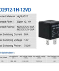 2 Pack 4 Pin 12V Car Relay 40 Amp JD2912-1H-12VDC with specifications and contact material details