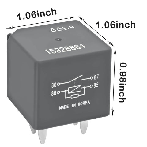 12V 40A 4 Pin SPDT Automotive Relay Replacement Go-To Pack Of 2 For Air Conditioning Compressor Starter And Fan Control Fits Chevy Silverado GMC Buick D1741C Style 15328864 12193604 13503102 on white background showing dimensions