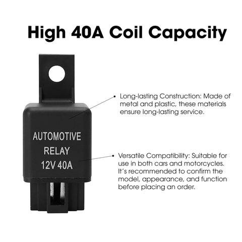 40 Amp SPST Automotive Relay For Fog Lights And Wiring Harness 12V High Current Replacement Part with Easy Install Compact YL 388 S