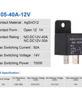Heavy Duty 12V Car Relay 4 Pin SPST 40 Amp High Current Automotive Relay Pack Of 2 With 12V Coil And 14VDC Rating front view