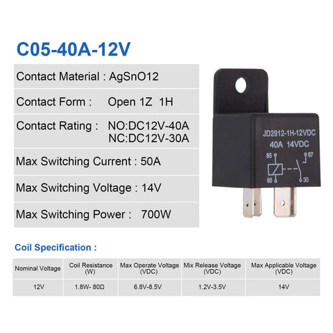 Heavy Duty 12V Car Relay 4 Pin SPST 40 Amp High Current Automotive Relay Pack Of 2 With 12V Coil And 14VDC Rating front view