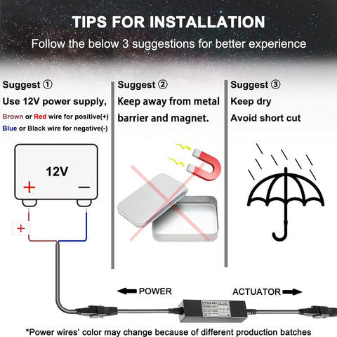 Installation tips for Plug And Play 12V Linear Actuator Controller Kit With 2 Wireless Remotes And 110V Power Adapter UYGALAXY
