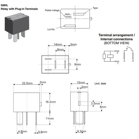 Diagram of 12V DC Automotive Relay Pack Set Of 2 For Honda Accord Civic CR V And Acura MDX From 2003 Through 2014 For AC Headlights Horns Fans And Accessories With Easy Plug And Play Installation showing dimensions and terminal layout.